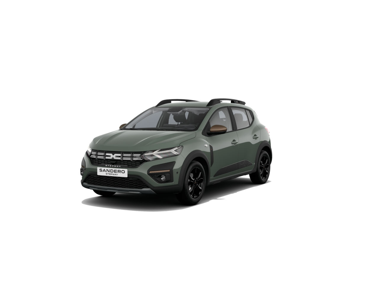 Grüner Dacia Sandero mit schwarzem Grill und Felgen, vorne links gesehen.