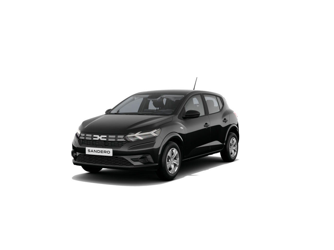 Schwarzer Dacia Sandero im Vordergrund, moderne Form, kompakte Größe, auf weißem Hintergrund.