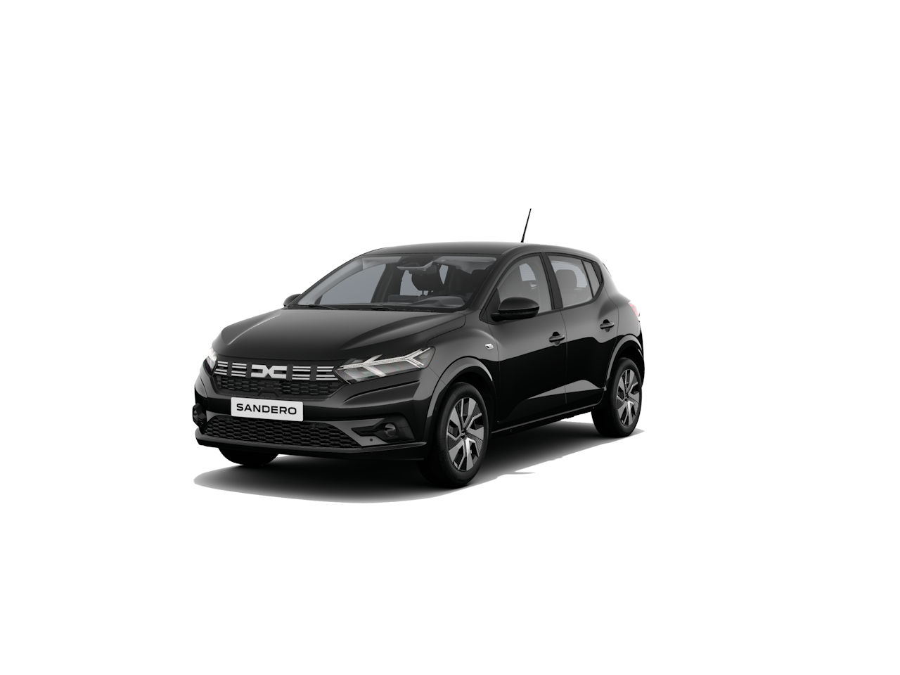 Schwarzer Dacia Sandero, Kompaktwagen, frontalansicht, auf weißem Hintergrund.