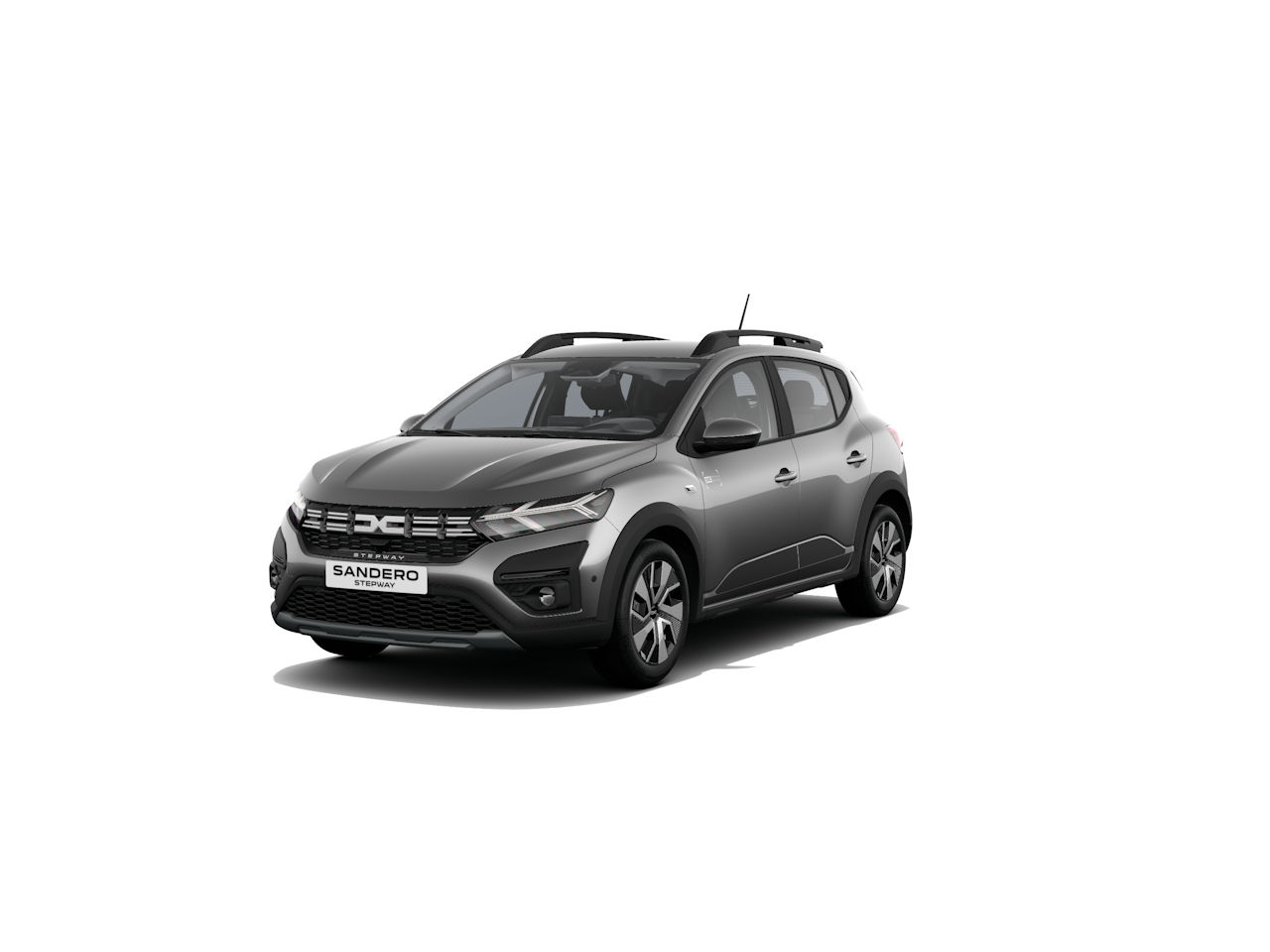 Dacia Sandero, modernes Kompaktfahrzeug in Grau, frontalansicht, auf weißem Hintergrund.