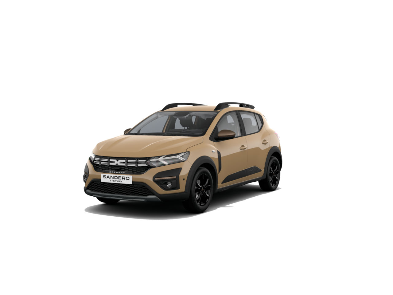 Ein neuer Dacia Sandero in einer sandfarbenen Lackierung mit schwarzen Akzenten, seitlich leicht schräg abgebildet.