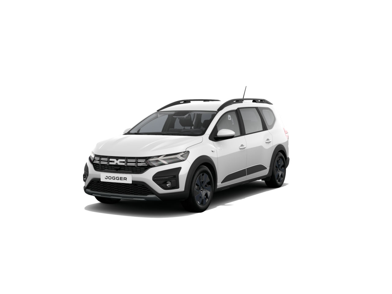 Weißer Dacia Jogger mit schwarzem Dach, Seitenlinie und sportlichem Design auf einem weißen Hintergrund.