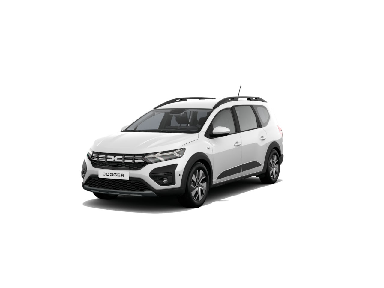 Weißes Auto Modell Jogger, sportliche Linien, moderne Ausstattung, von der Seite betrachtet.