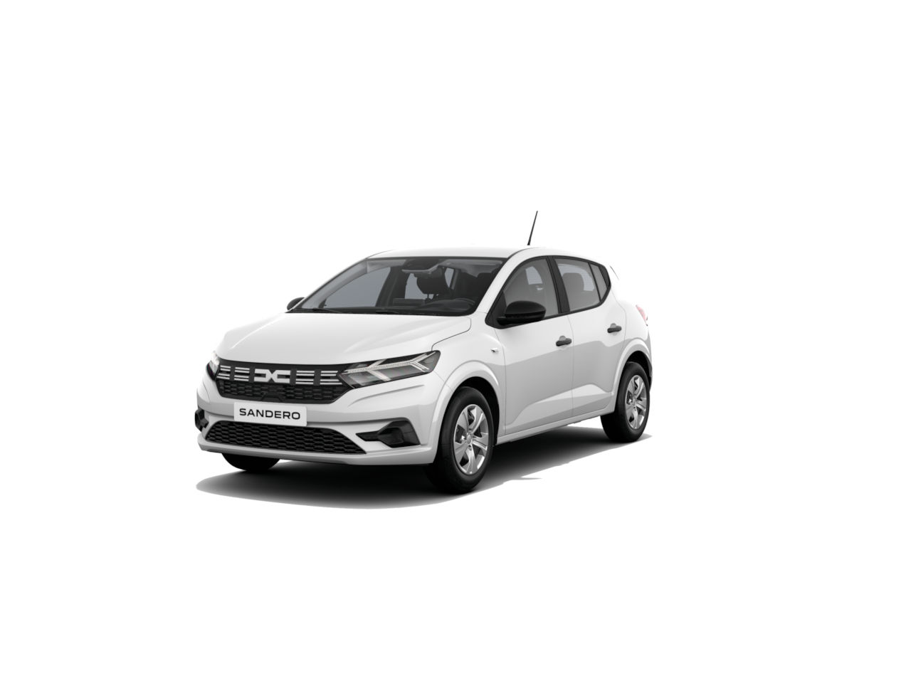 Weißer Dacia Sandero, kompakter Stadtwagen, frontal mit stilvollem Design und klaren Linien.