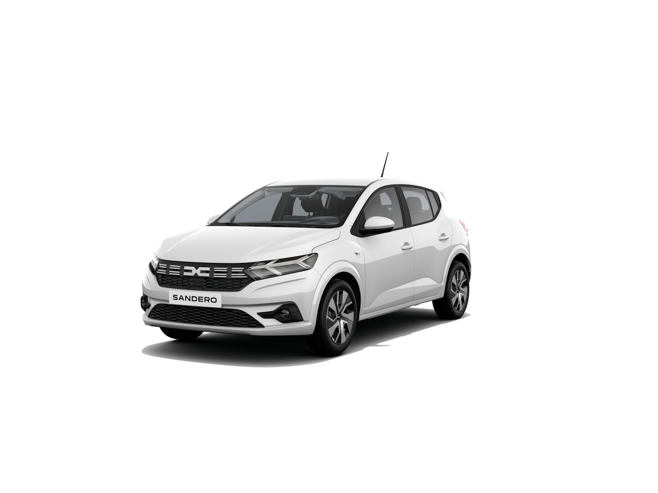 Weißer Dacia Sandero in 3/4-Ansicht, mit modernem Design und sportlicher Front.
