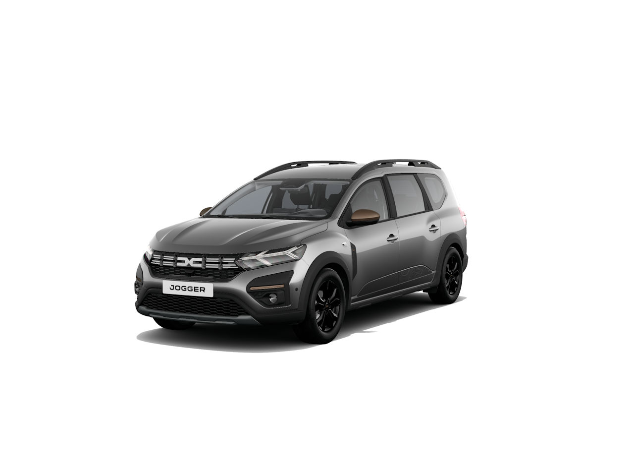 Schwarzer Dacia Jogger, kompaktes Familienauto mit modernem Design, steht auf einem weißen Hintergrund.