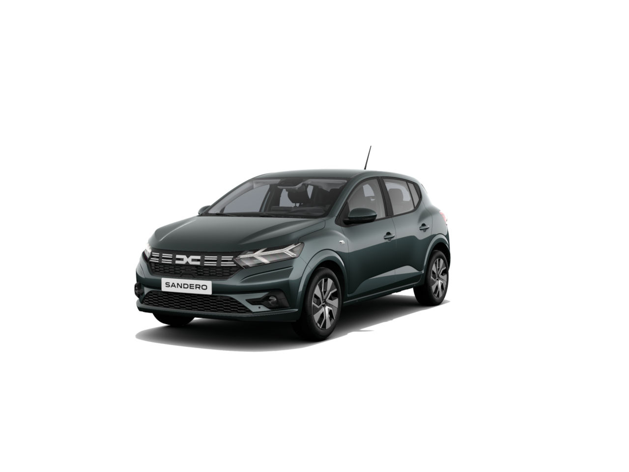 Dacia Sandero in einer grünen Farbe, präsentiert von der Seite auf weißem Hintergrund.