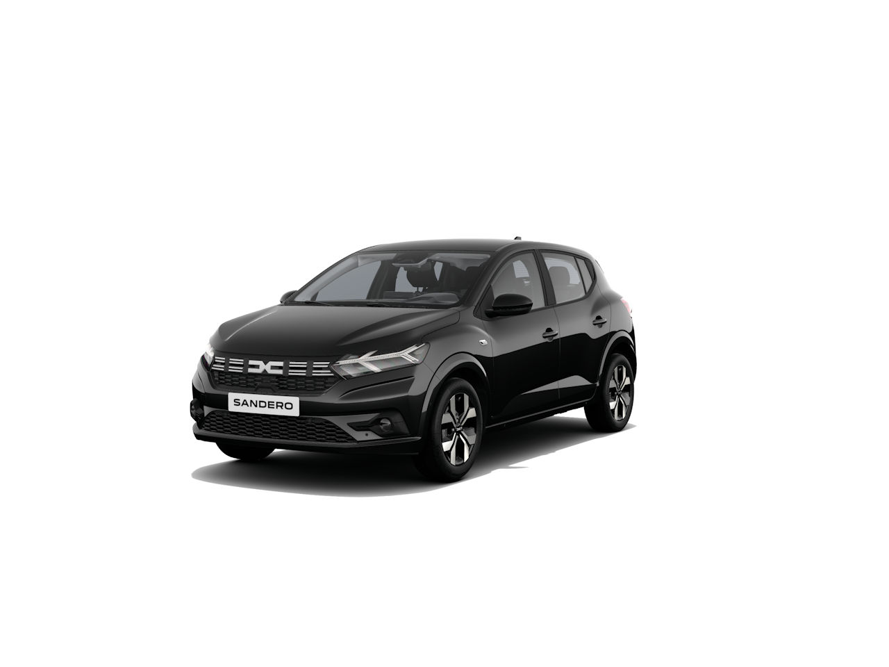 Schwarzer Dacia Sandero, sportlich, modern, in 3/4-Ansicht, auf hellem Hintergrund.