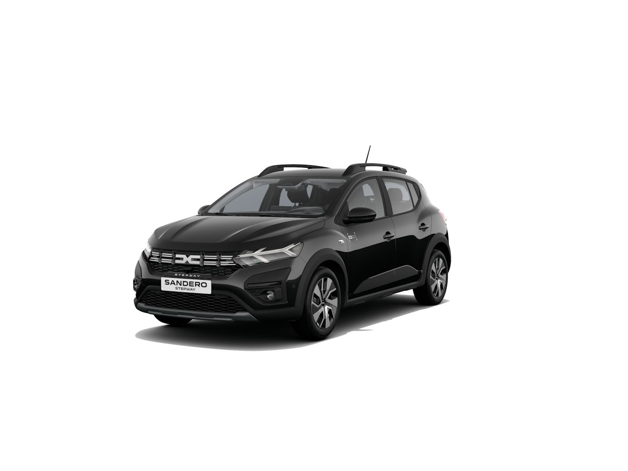 Schwarzer Dacia Sandero, kompakter Stadtauto mit modernem Design, steht auf hellem Hintergrund.