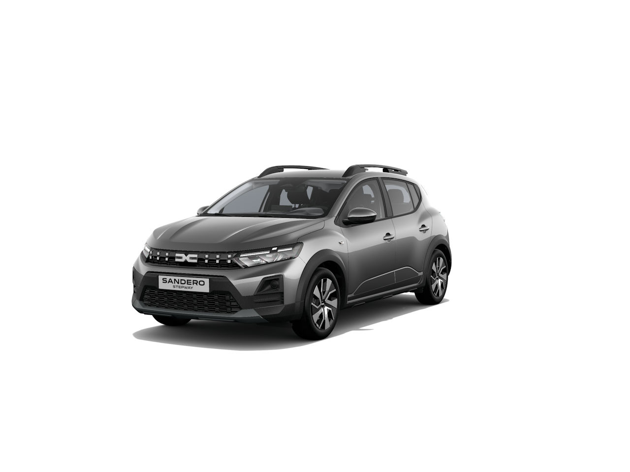 Dacia Sandero, graues Kompaktfahrzeug mit modernem Design und markanter Frontansicht, auf weißem Hintergrund.