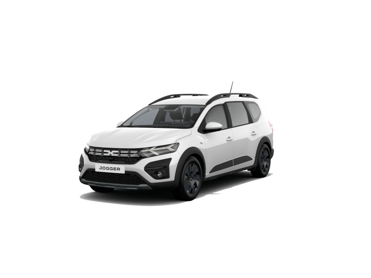Weißer Kombi mit sportlichem Design und schwarzem Dach, Modell Jogger, auf weißem Hintergrund.