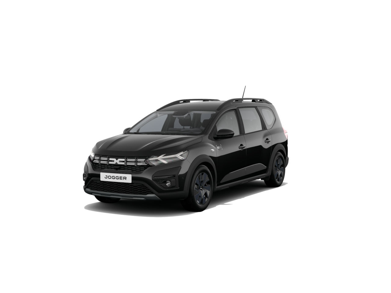 Schwarzes Auto, Dacia Jogger, aus der Seite perspektivisch aufgenommen, modern und sportlich.