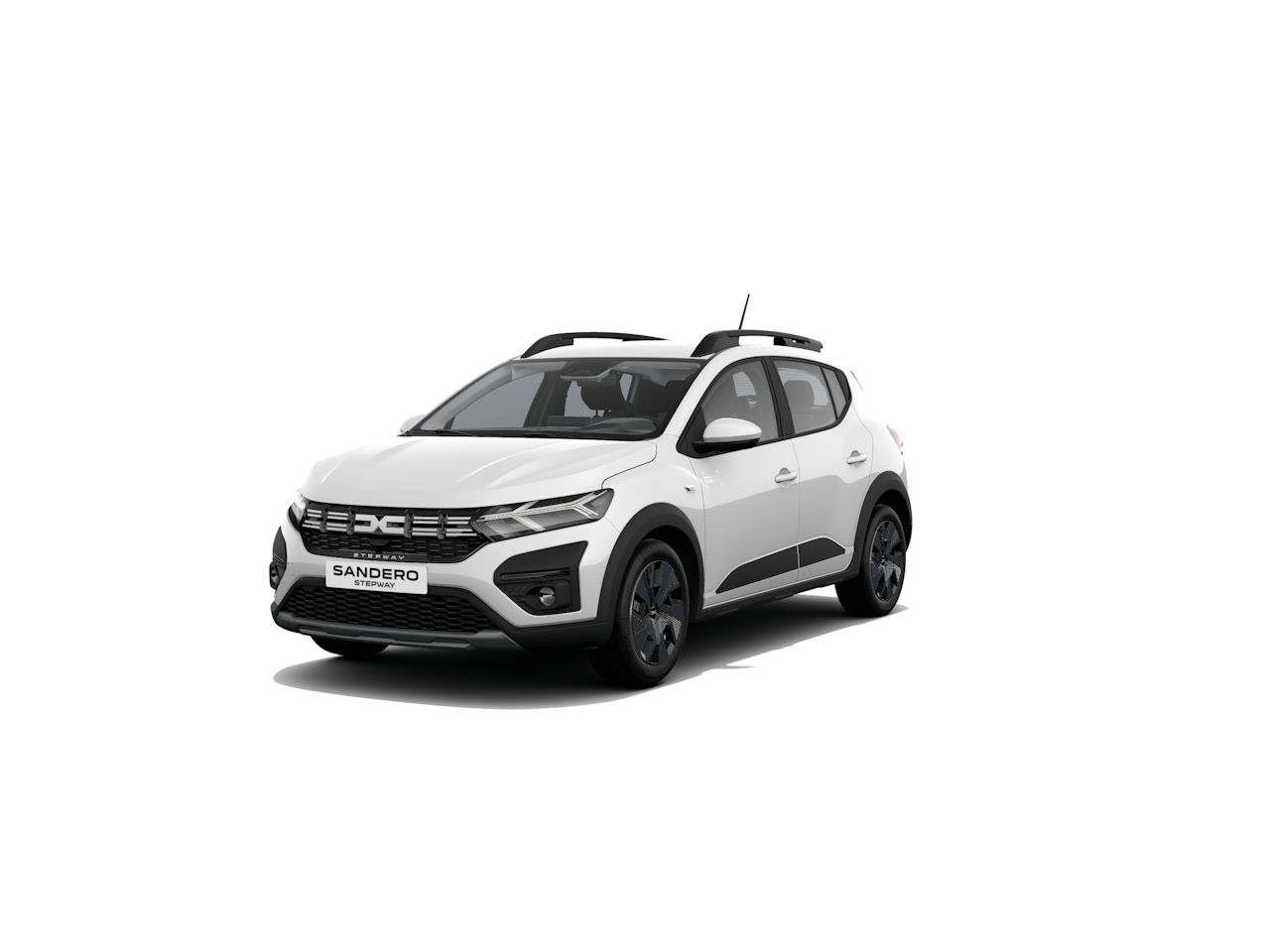 Ein weißer Dacia Sandero Stepway steht auf einem weißen Hintergrund. Modernes Design und kompakte SUV-Form.
