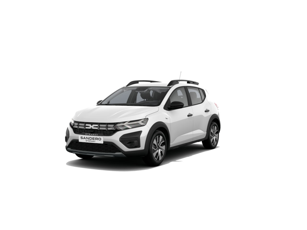 Weißer Dacia Sandero, kompakter Stadtwagen mit modernem Design, seitliche Ansicht auf weißem Hintergrund.