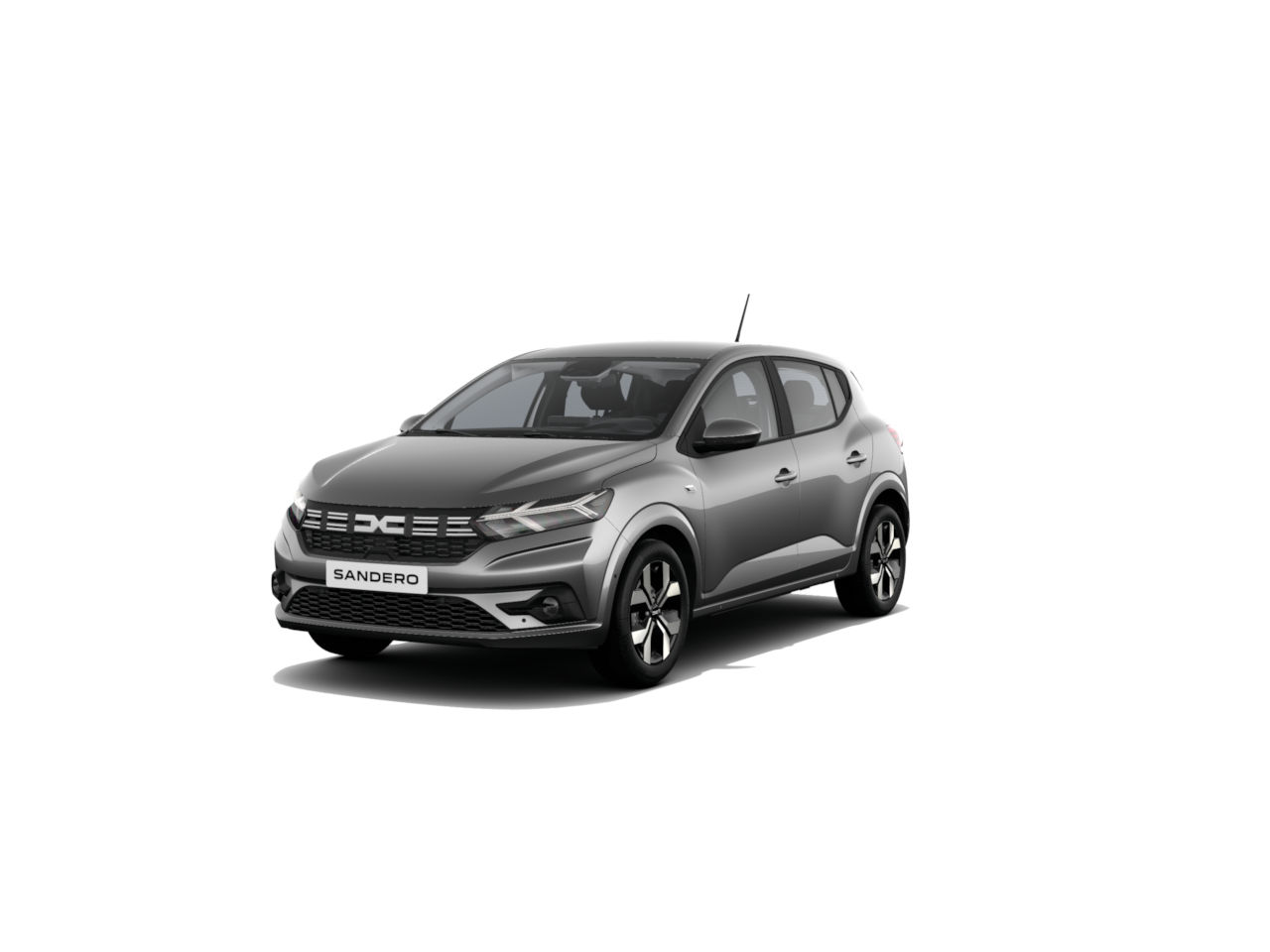 Grau Dacia Sandero, moderne Linien, sportliches Design, guter Kompaktwagen, Seitenansicht.