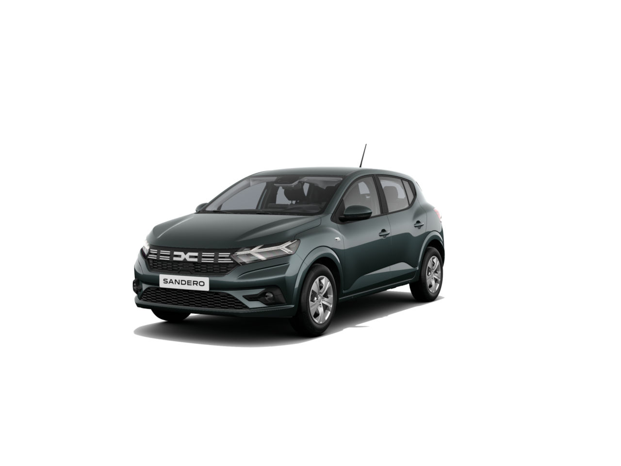 Grüner Dacia Sandero, kompakter PKW mit modernem Design, auf weißem Hintergrund.