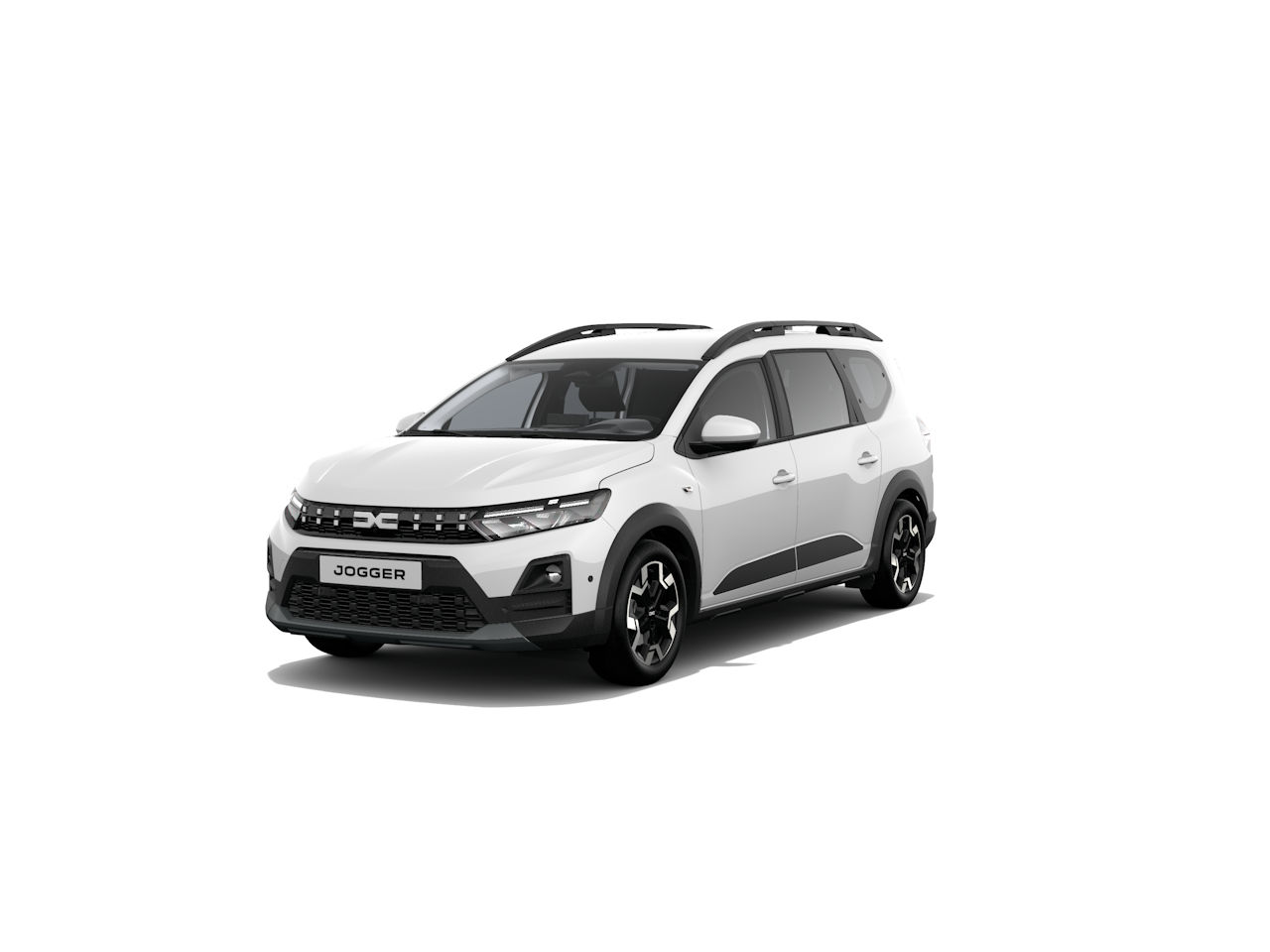 Weißer SUV Dacia Jogger, modernes Design, vorne links im Bild, auf sauberem Hintergrund.