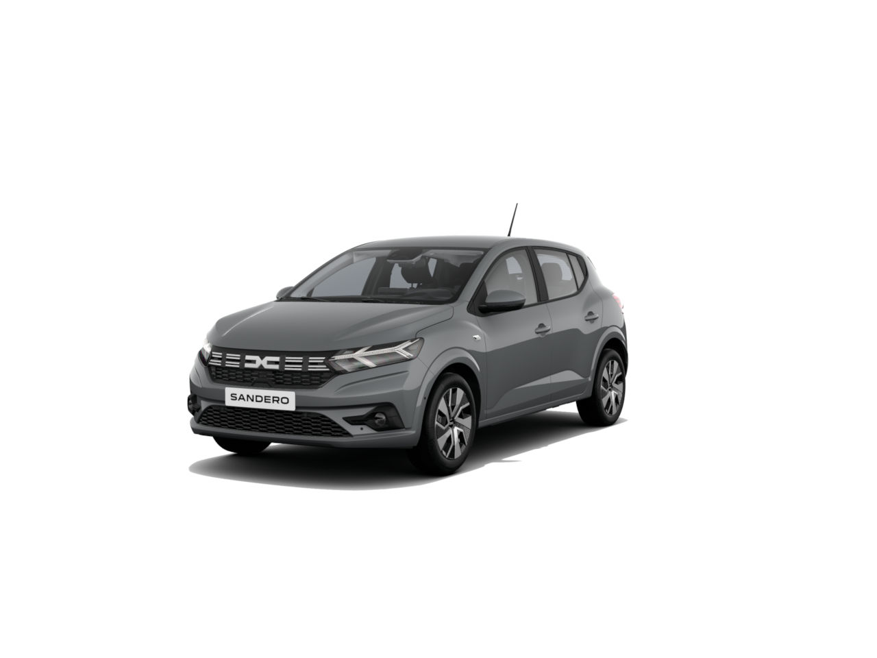 Ein grauer Dacia Sandero in der Seitenansicht, auf einem weißen Hintergrund.