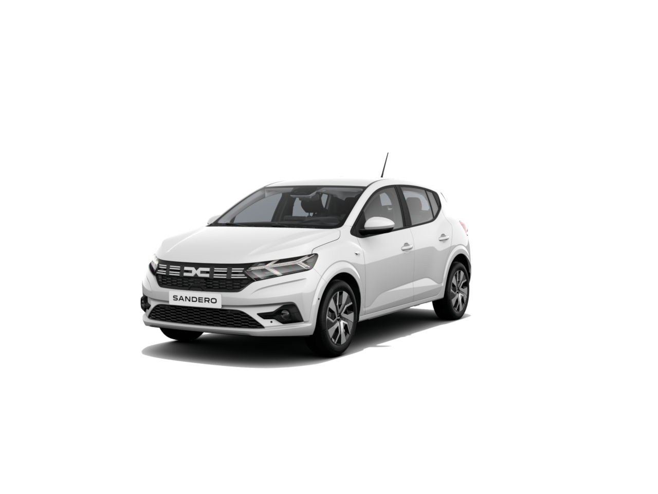 Weißer Renault Sandero, kompakter Kleinwagen mit modernem Design und sportlicherStilistik auf weißem Hintergrund.