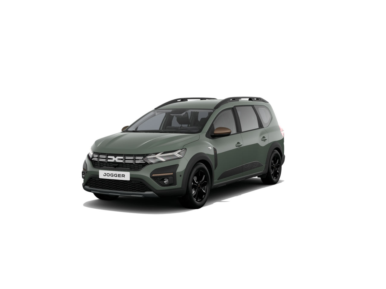 Dacia Jogger in mattem Olivgrün mit schwarzem Zubehör und modernem Design, abgebildet im Vordergrund.