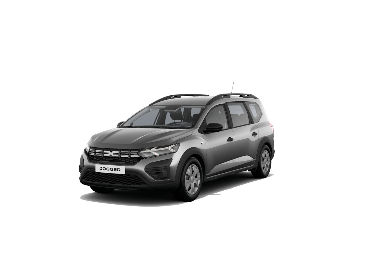 Ein grauer Dacia Jogger, ein geräumiges Familienauto, frontal dargestellt auf weißem Hintergrund.