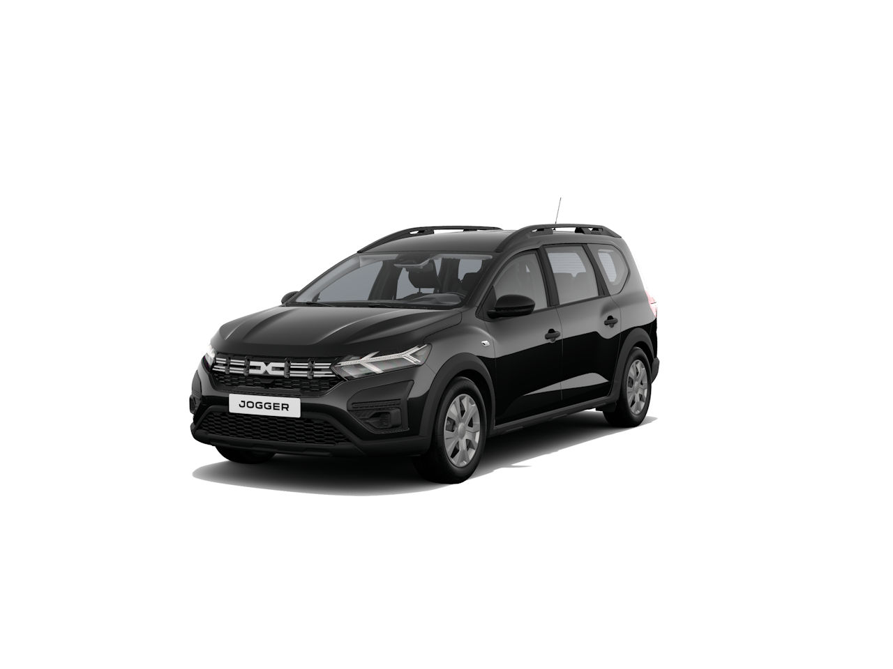 Schwarzer Familienvan Dacia Jogger, modern und aerodynamisch, Vorderansicht, geeignet für Abenteuer.