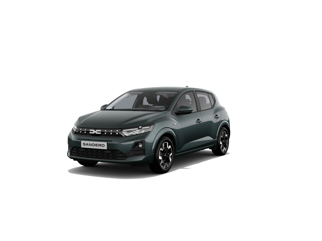 Dacia Sandero in Dunkelgrün, kompakter Stadtwagen mit modernem Design, frontalansicht.