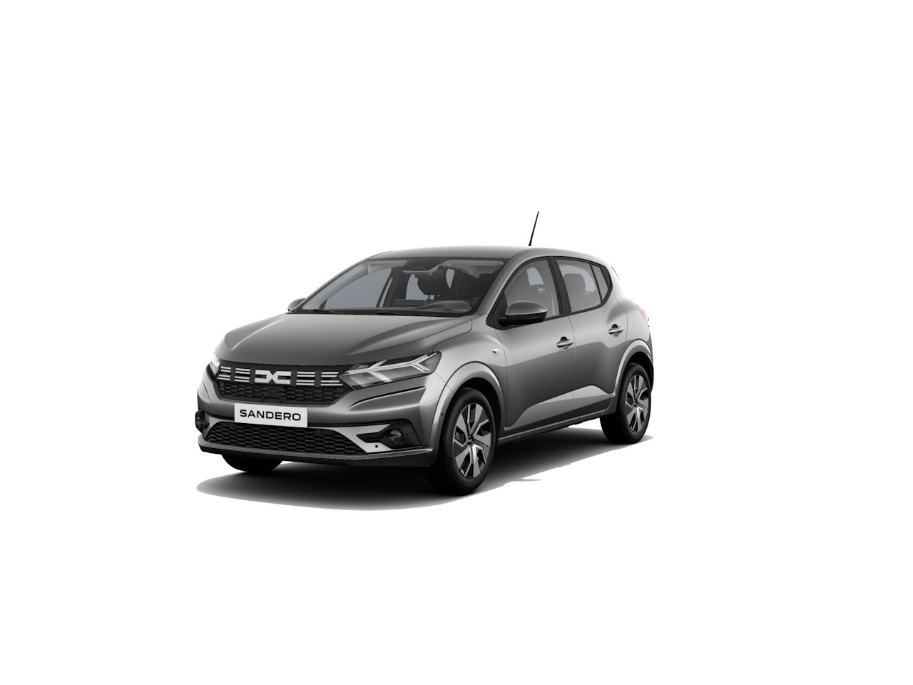 Grauer Dacia Sandero im Vordergrund, moderner Stil, Seitensicht, urbanes Design.