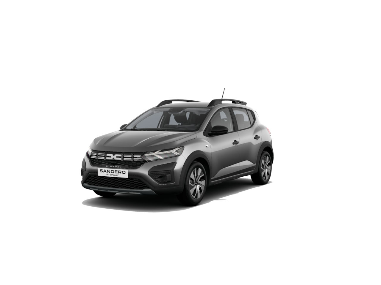 Neues Dacia Sandero, grauer Kompaktwagen mit modernem Design, in drei Viertelansicht auf hellem Hintergrund.