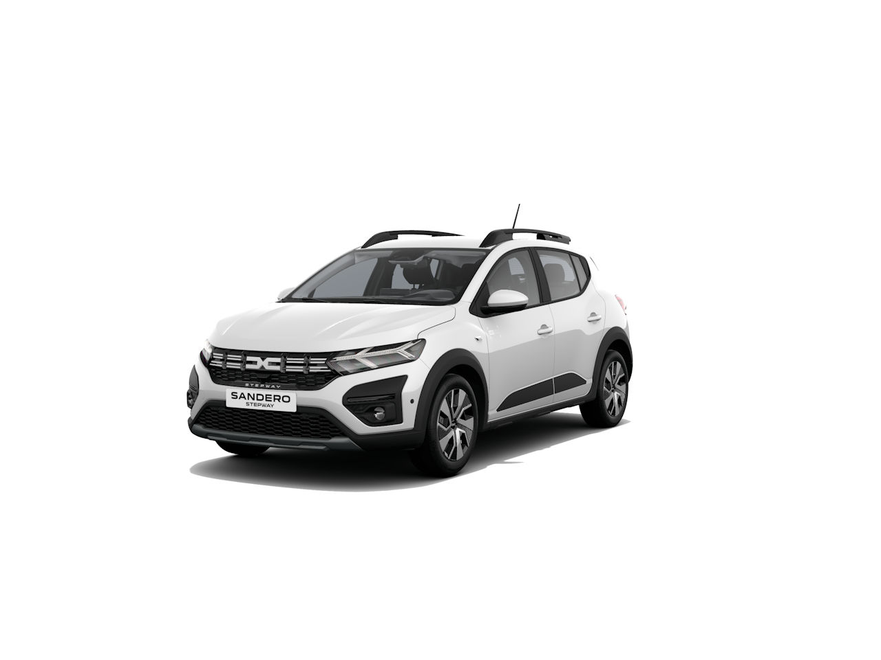 Weißer Dacia Sandero im Profil, sportliches Design, kompakte Bauform, moderne Ausstattung.