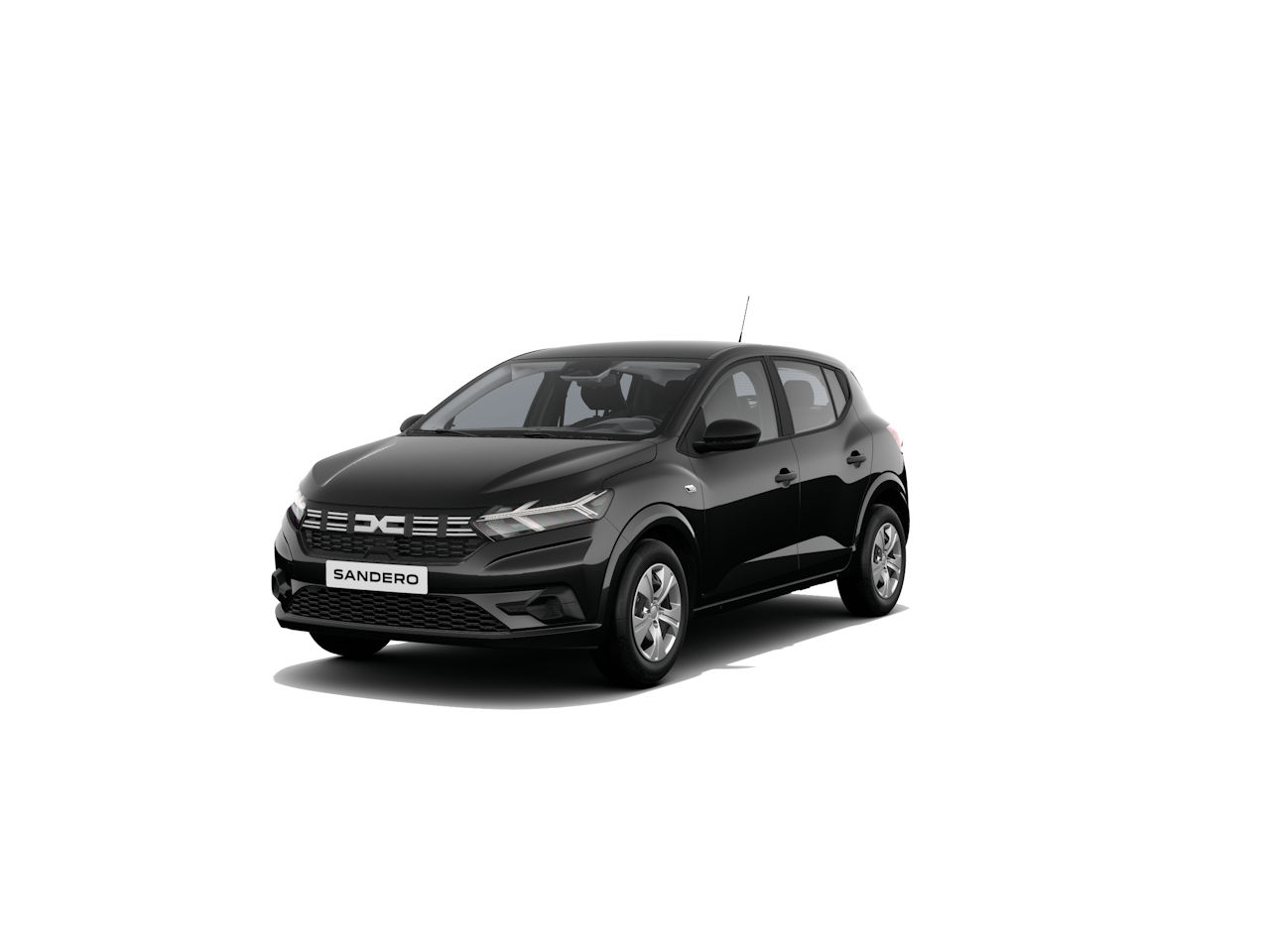 Schwarzer Dacia Sandero, sportliches Design, kompakter Stadtauto, sichtbar von der Seite.