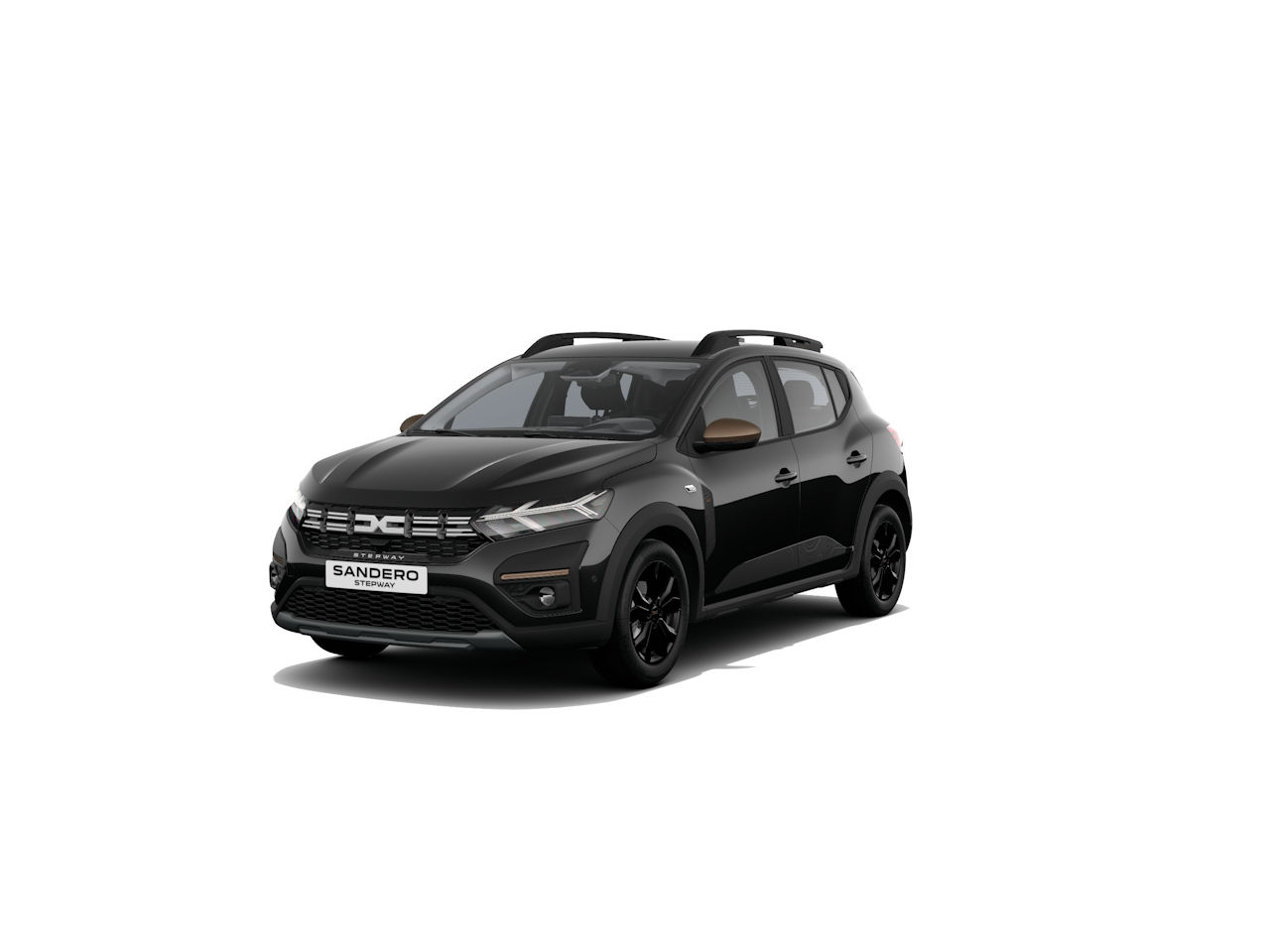 Schwarzer Dacia Sandero, kompakter SUV mit eleganten Designelementen und seitlichen Aufhängungen.