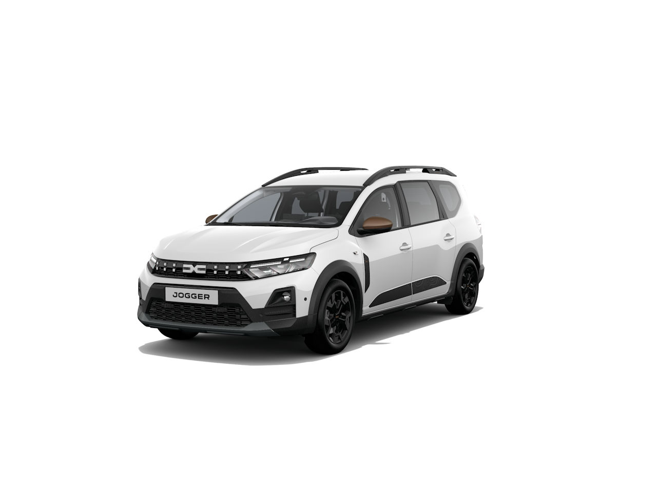 Ein weißer Dacia Jogger, stylisches Fahrzeug mit Dachreling und sportlichen schwarzen Akzenten, frontal Ansicht.