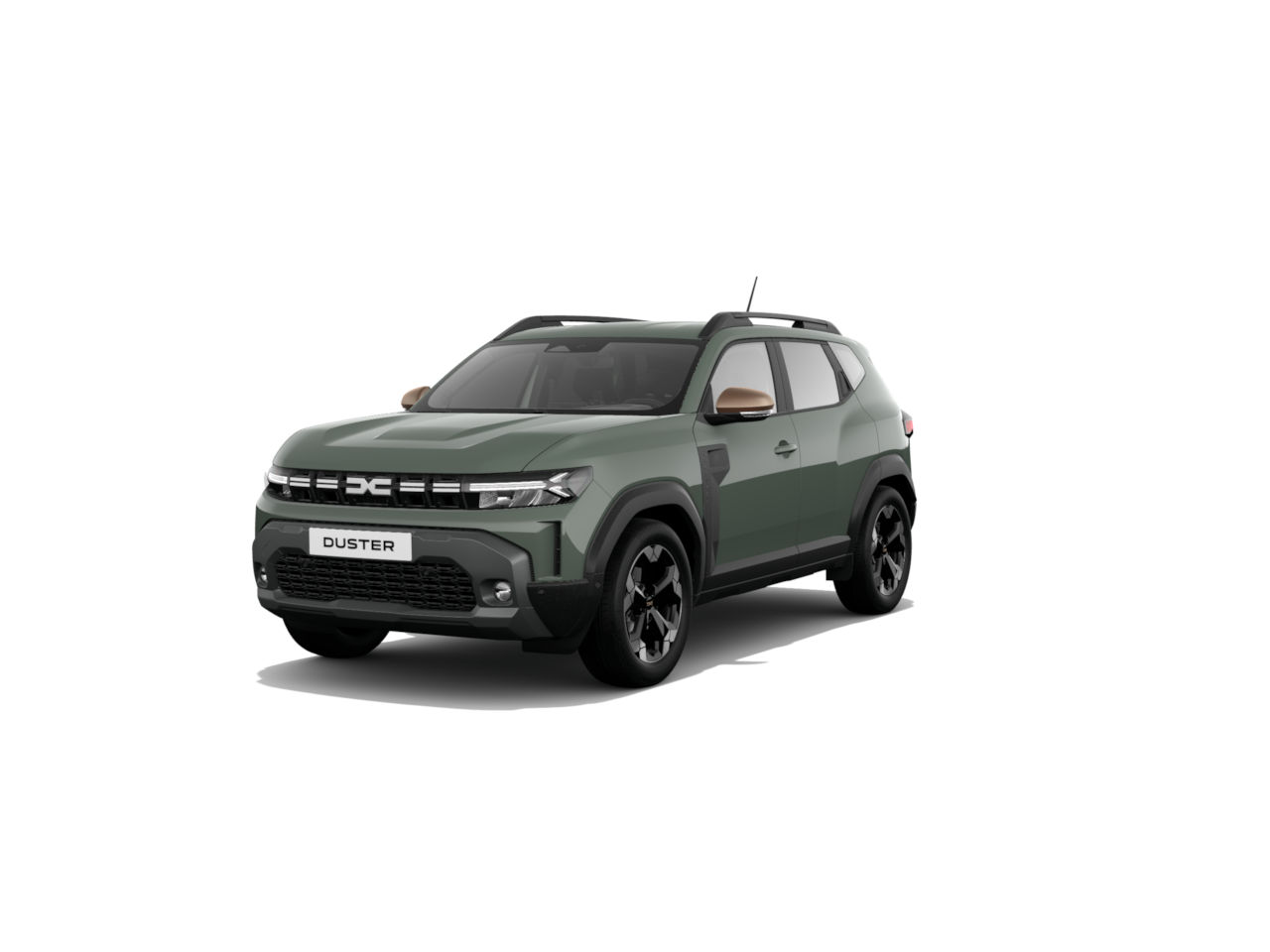 Ein moderner SUV in Olivgrün, Duster-Modell, mit schwarzem Grill und Felgen, auf weißem Hintergrund.