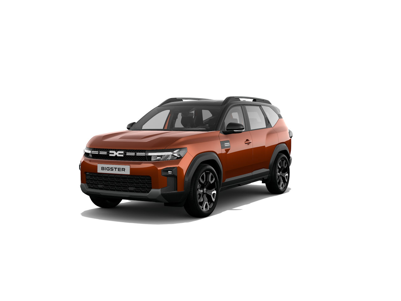 Ein orangefarbenes SUV-Modell, genannt Bigster, mit stylischem Design und schwarzen Details, auf weißem Hintergrund.