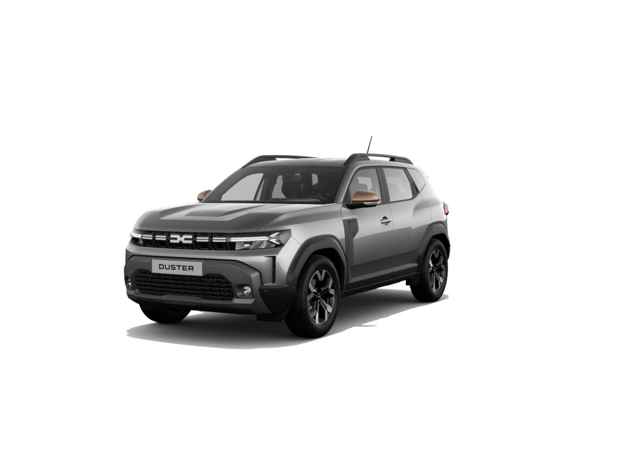 Schwarz-grauer Dacia Duster SUV frontal, modernes Design, urbanes Fahrzeug, ideal für Abenteuer und Stadtfahrten.