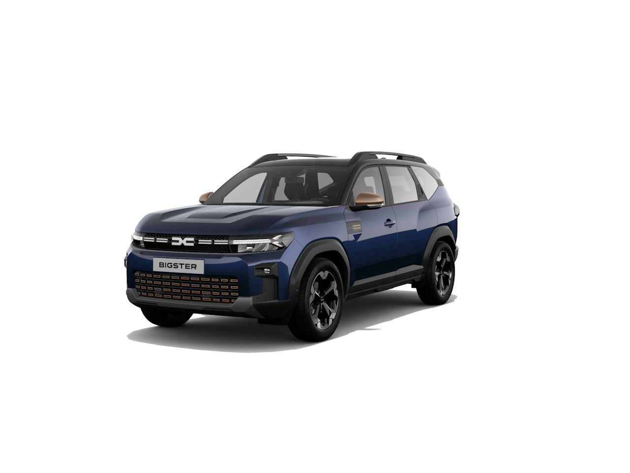 Blauer SUV Bigster mit markantem Design und schwarzer Felge, frontal abgebildet auf weißem Hintergrund.