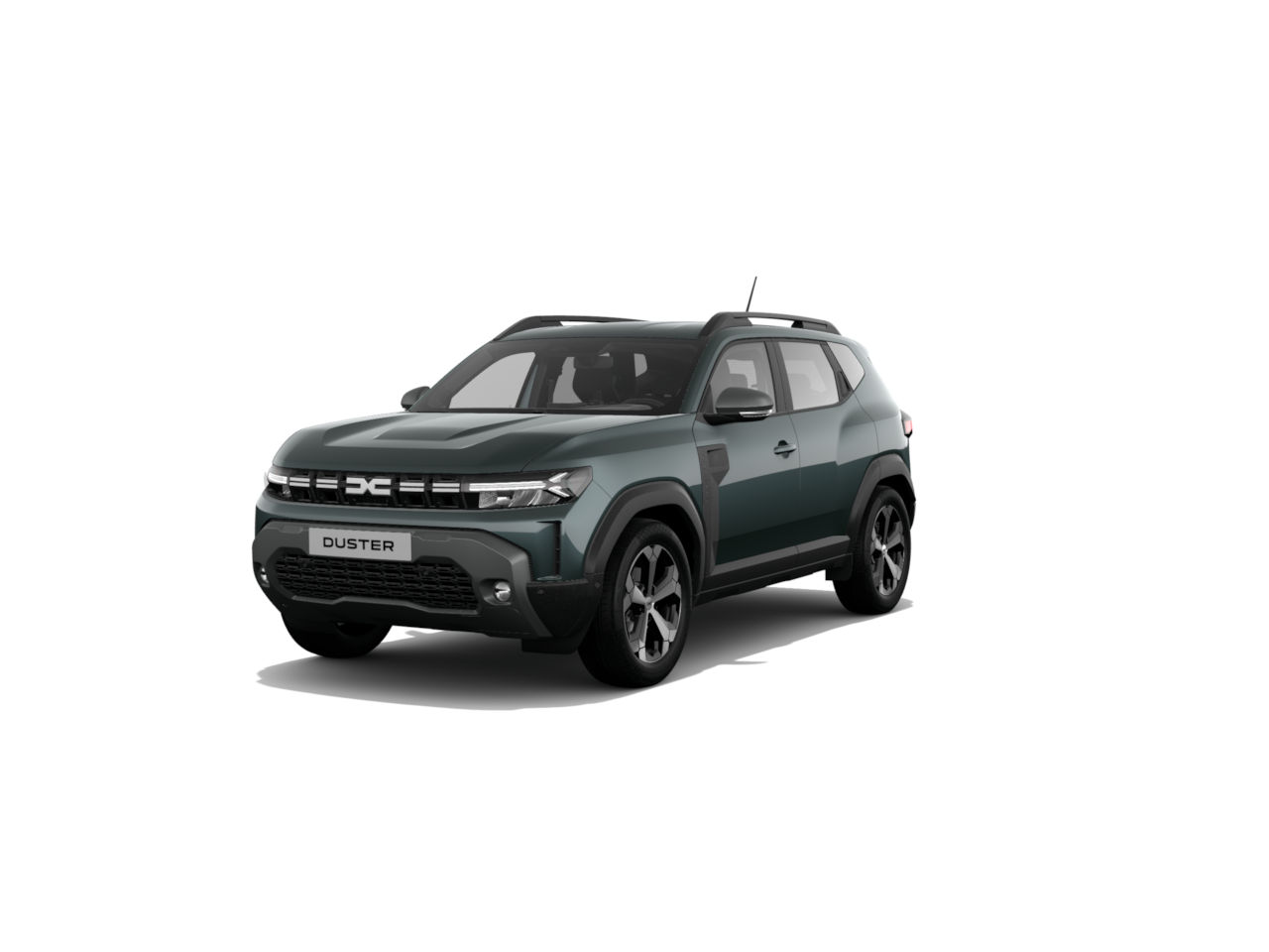 Duster, ein robuster SUV in sattem Grün, präsentiert seine markante Front und sportliche Silhouette.
