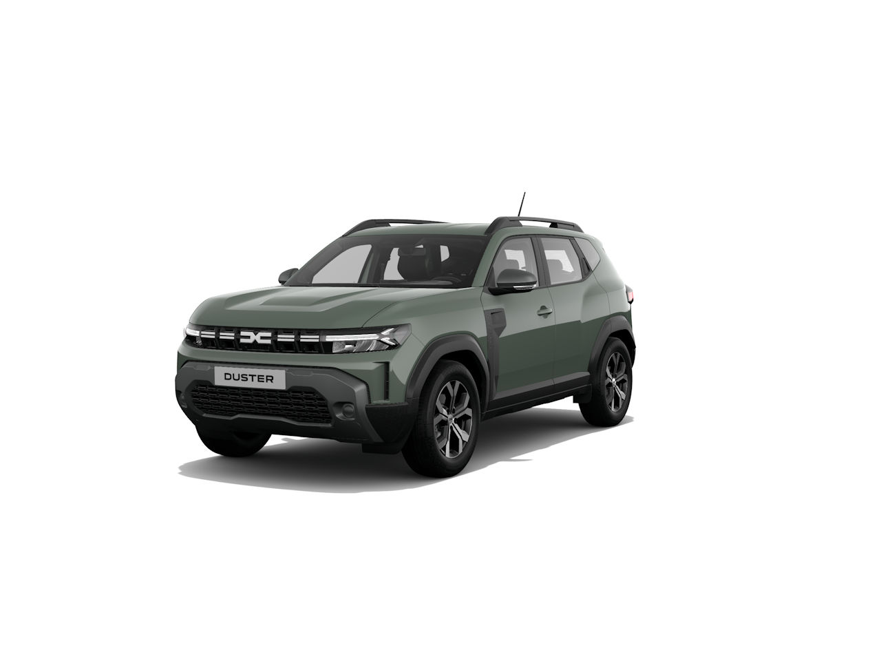 Der Dacia Duster in dunklem Grün, Seitenansicht, moderner SUV, mit markantem Design und robustem Charakter.