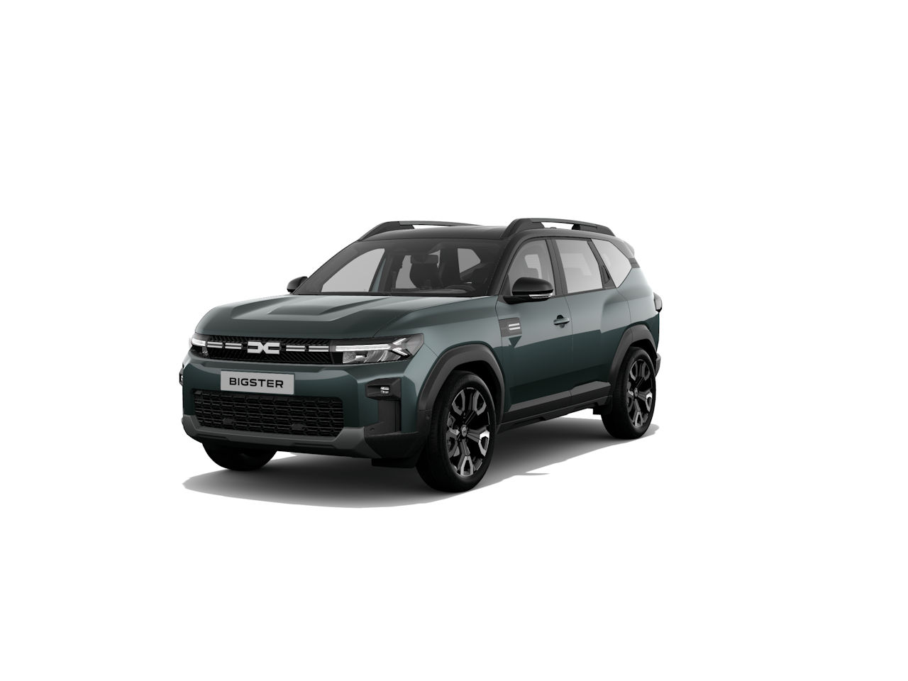 Ein moderner SUV in grün mit schwarzen Akzenten, der Bigster genannt wird, steht frontal auf einem weißen Hintergrund.
