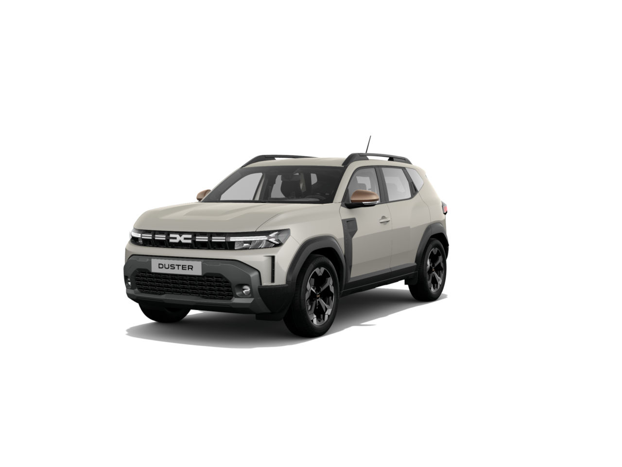 Ein moderner Duster SUV in heller Farbe mit sportlichen Felgen, frontal aufgenommen auf weißem Hintergrund.