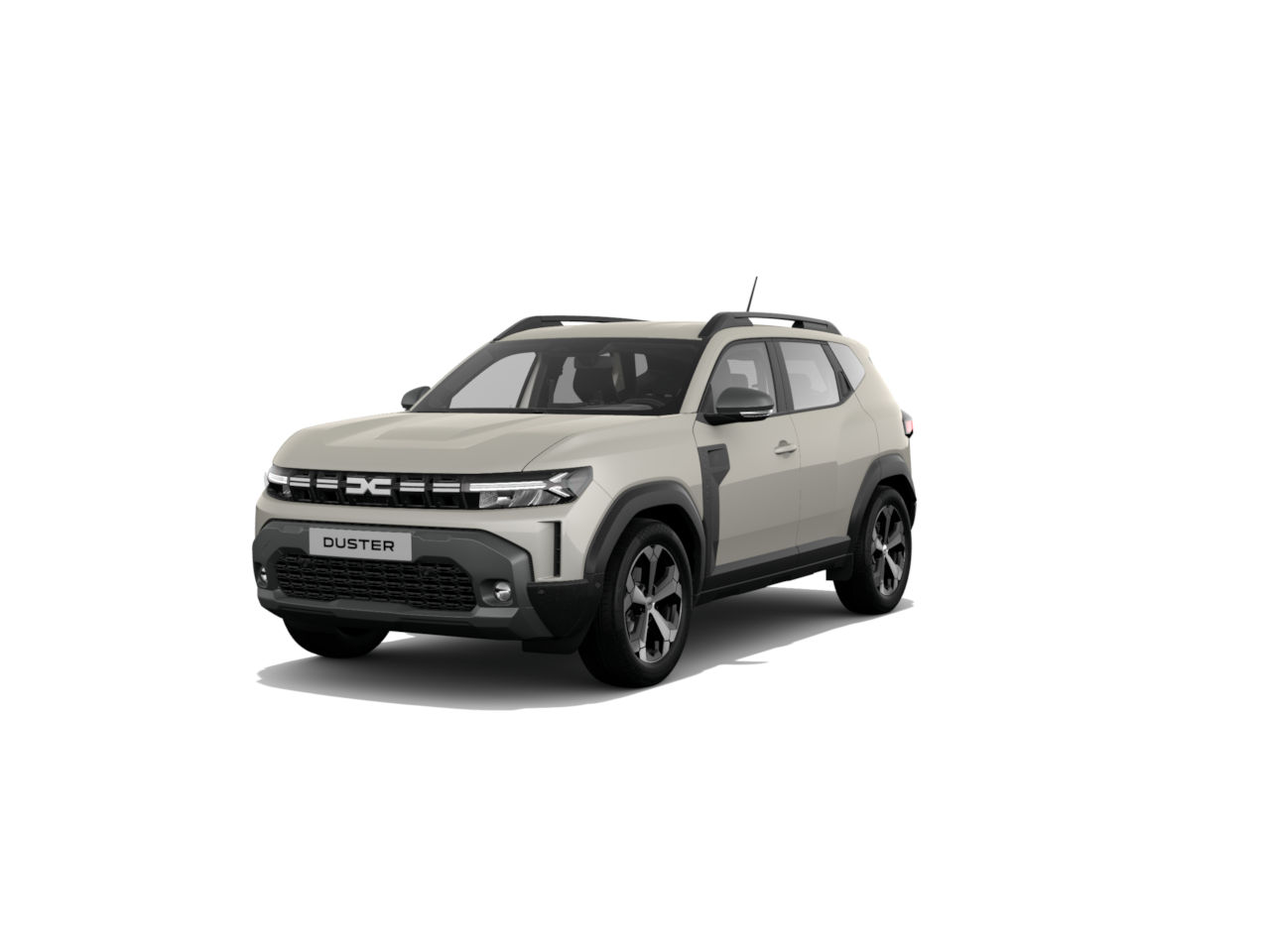 Ein moderner Duster SUV in hellem Farbton, Blick von vorne, auf einer weißen Hintergrundfläche.