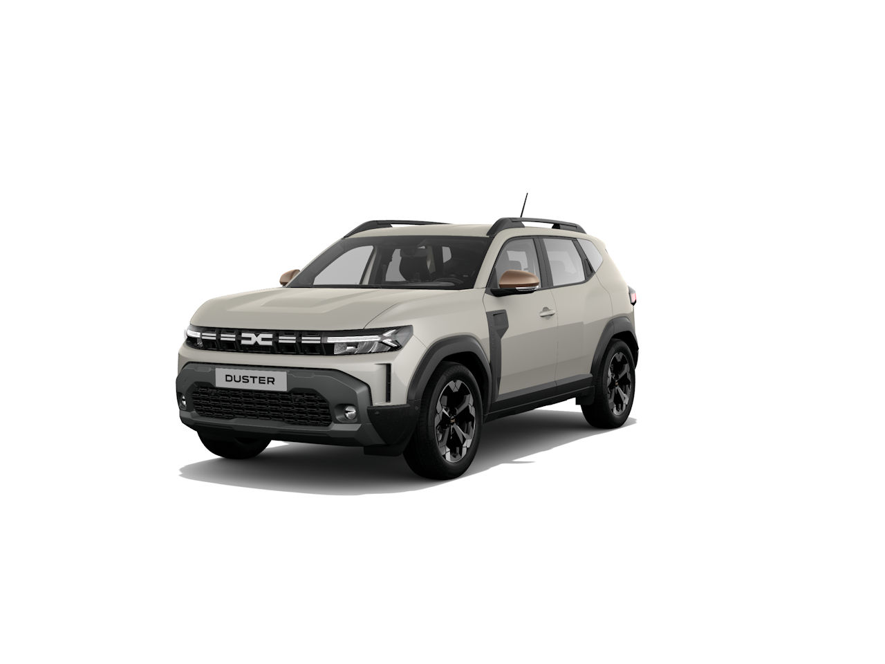 Ein moderner SUV, der Duster, in hellbeiger Farbe mit sportlichem Design und schwarzen Felgen.