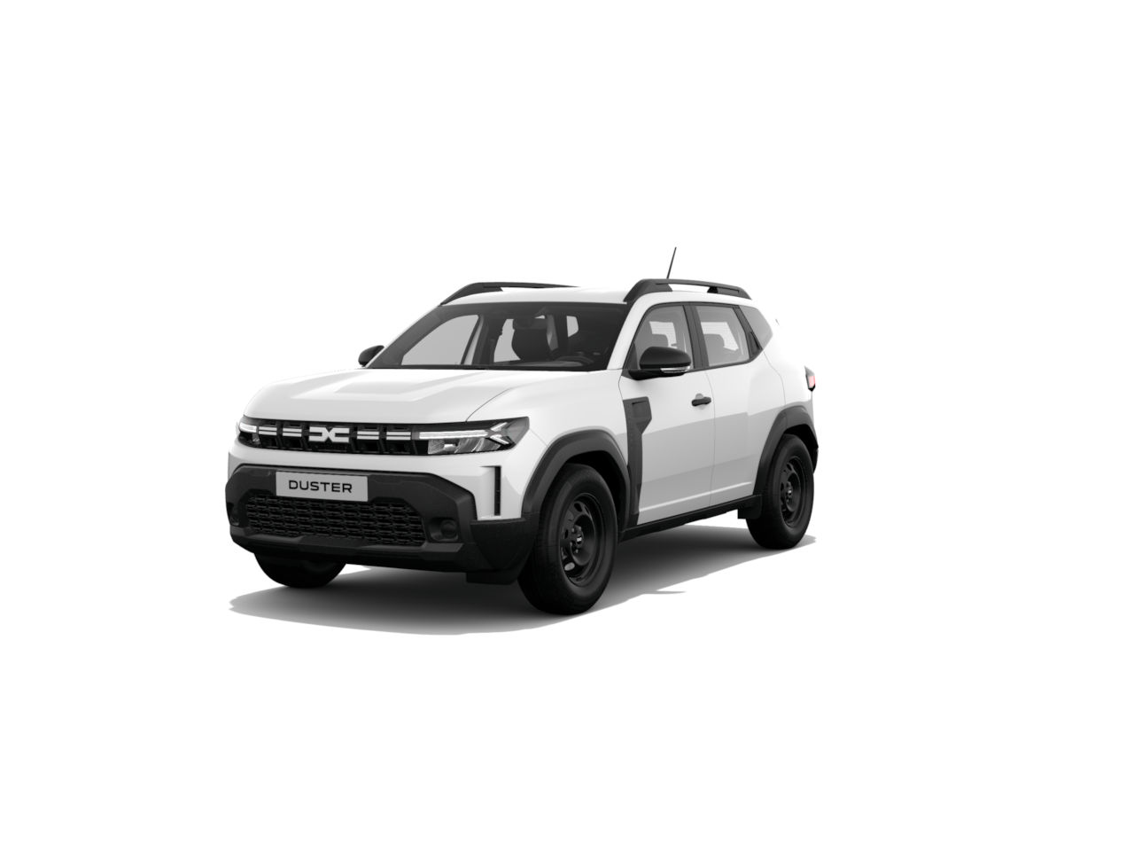 Weißer Dacia Duster SUV im Vordergrund, mit sportlichem Design und schwarzem Grill, isoliert auf weißem Hintergrund.