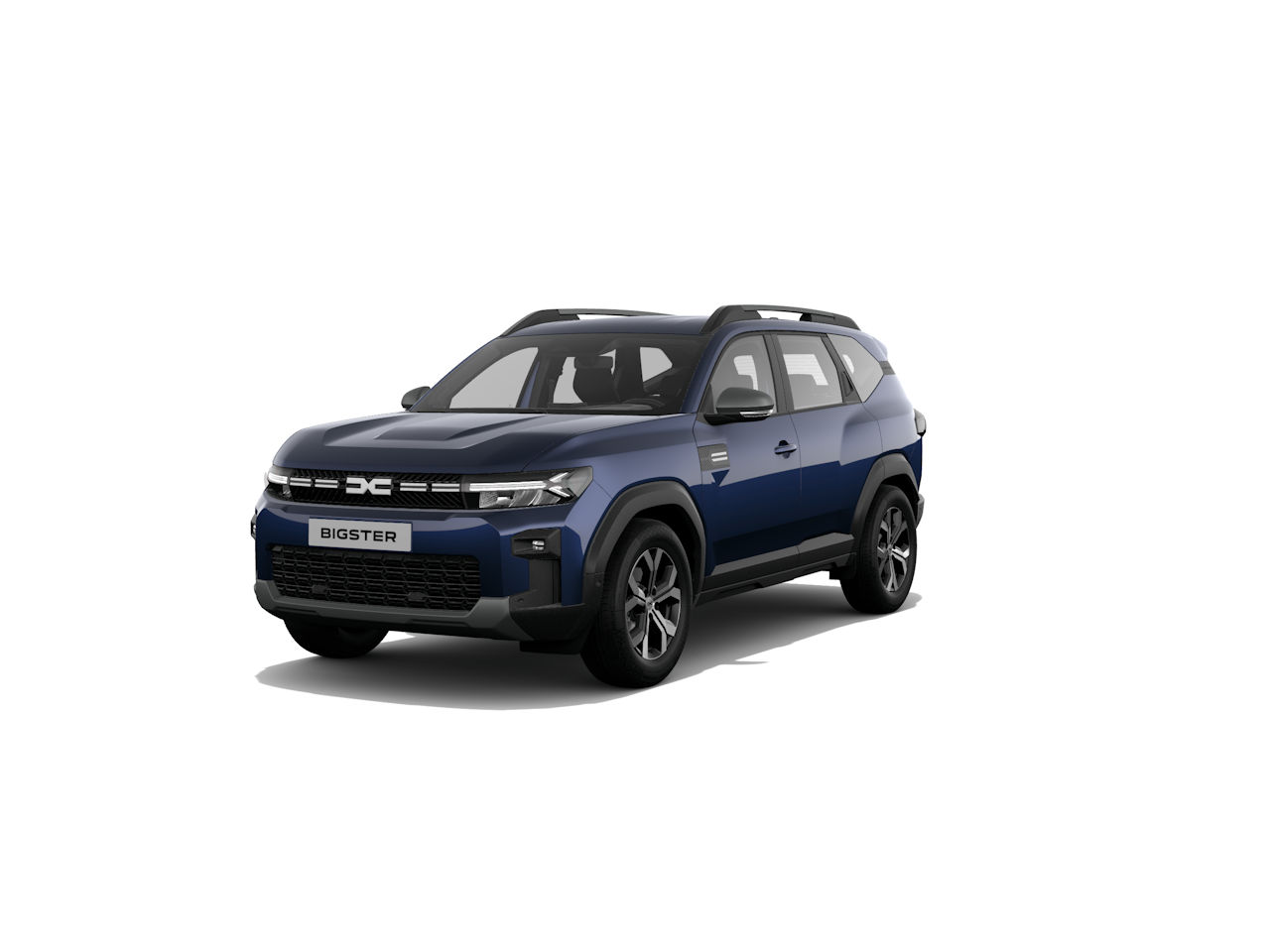 Blauer SUV Bigster mit modernem Design, ausgestattet mit Dachträgern, frontalansicht.