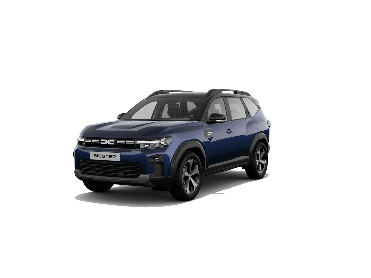 Ein blauer SUV namens Bigster, der auf einer weißen Fläche abgebildet ist. Das Fahrzeug hat moderne Designelemente.