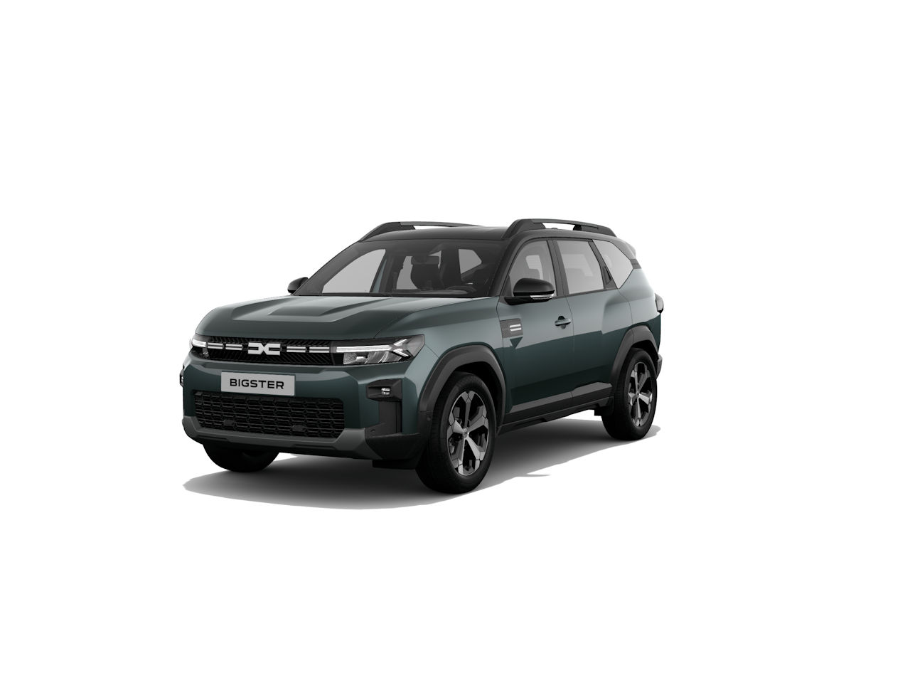 Ein grüner SUV, Modell Bigster, steht frontal auf weißem Hintergrund.