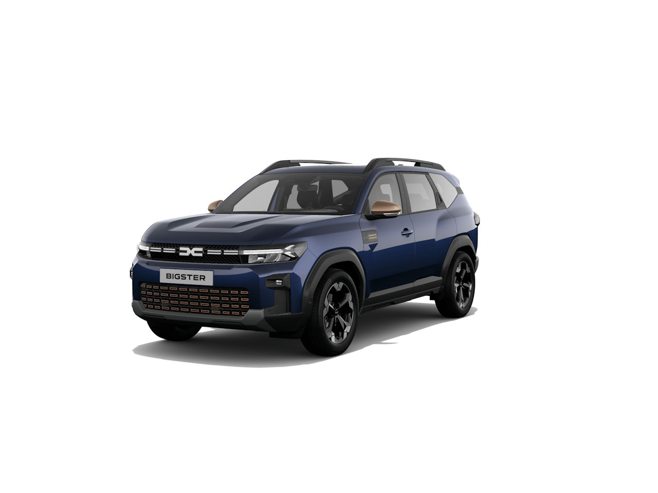 Blauer SUV Bigster mit markantem Design und Dachgepäckträger, frontal sichtbar auf weißem Hintergrund.