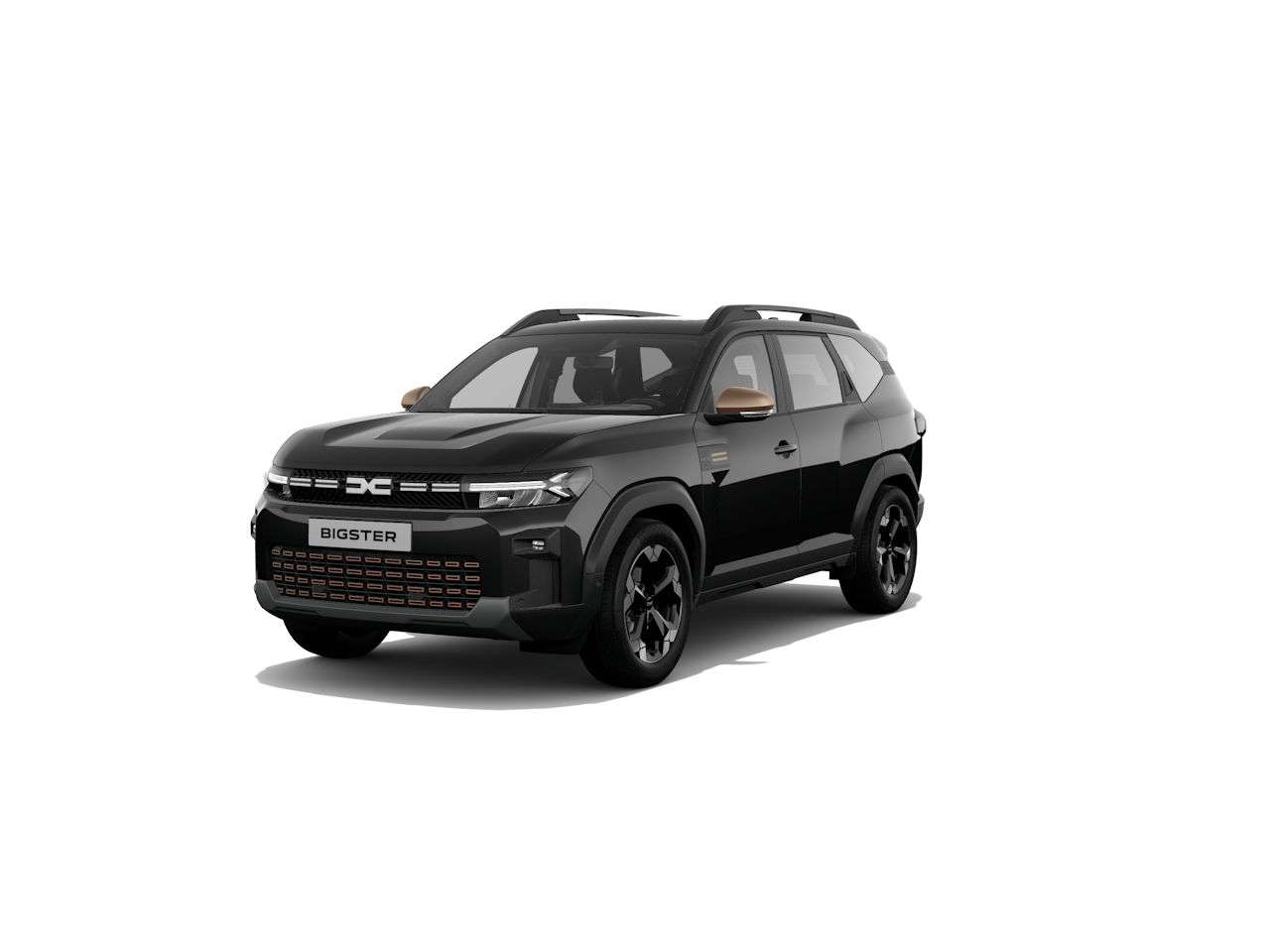 Schwarzer SUV namens Bigster mit modernem Design und markanter Frontansicht auf weißem Hintergrund.