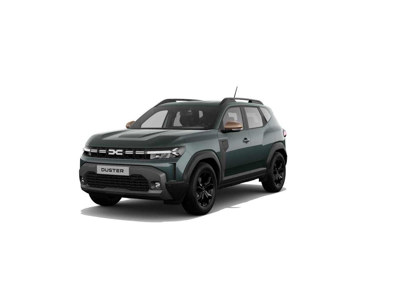 Duster SUV in mattem Grün mit schwarzen Akzenten und moderner Frontansicht, auf hellem Hintergrund.